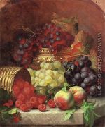 Black Grapes in a Gilt Bowl, Black and White Grapes in a Crystal Bowl, Peaches,Raspberries in a Wicker Basket and a Wasp on a Marble Ledge - Eloise Harriet Stannard