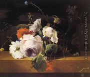 Roses, Carnations, and Assorted Wildflowers in a Basket on a Marble Ledge - Arthur Chaplin