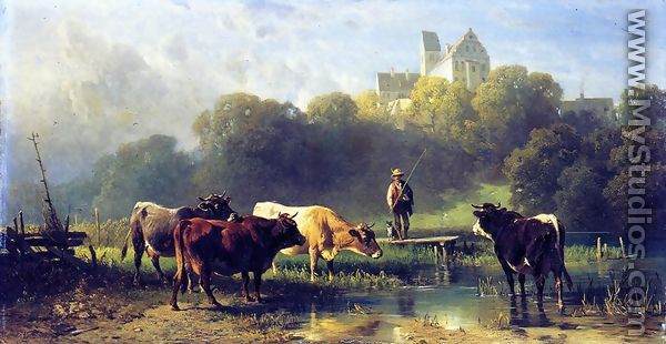 Cattle Watering at a Lake by a Fisherman and His Dog - Friedrich Johann Voltz