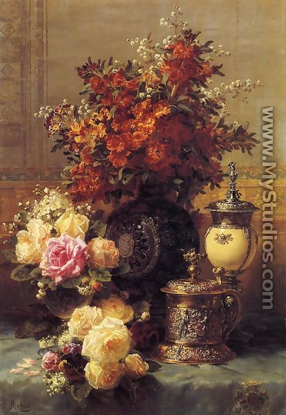 Still Life of Roses and Other Flowers, a Silver-gilt Ostrich Egg Cup and a German Gold-gilt Tankard on a Draped Table in an Interior - Jean-Baptiste Robie