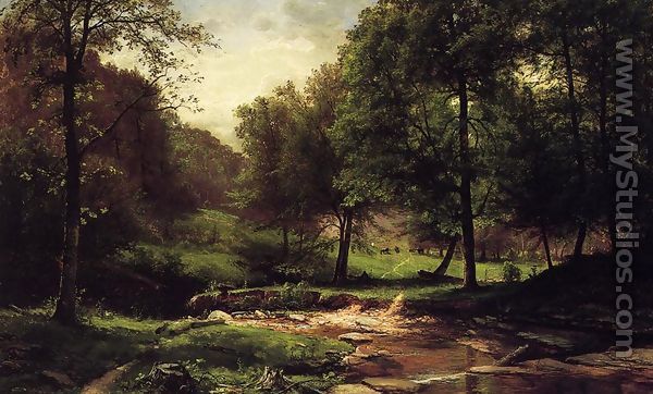 Stream with Field and Grazing Cattle - George Hetzel