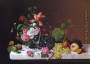 Fruit and Flowers on a Marble Table Ledge - Severin Roesen