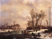 A Winter Landscape with Skaters on a Frozen River - Pieter Lodewijk Francisco Kluyver