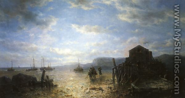 Beached Bomschuiten and Shrimp Fishers by a Jetty at Low Tide - Francois Etienne Musin