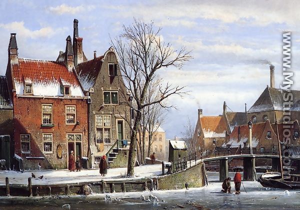 A View in a Town in Winter with Skaters on a Frozen Canal - Willem Koekkoek