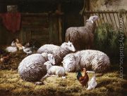 Sheep, Roosters and Chickens in a Barn - Theo van Sluys