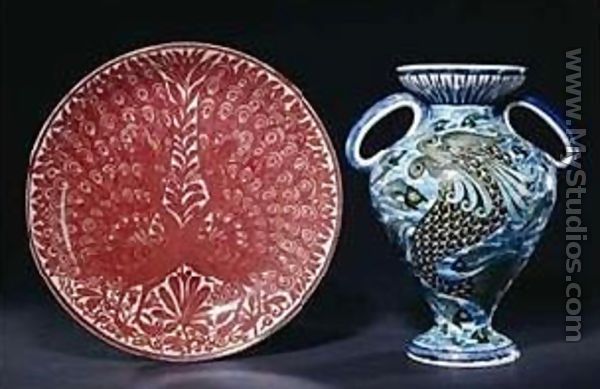 Two Peacocks in Full Show, 1885-1892, and a "Persian" Two Handled Vase, 1888-1898 - William Frend De Morgan