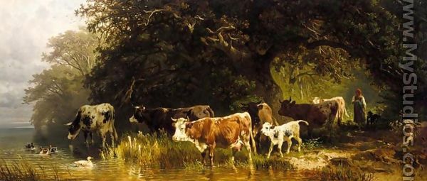 Driving the Herd to Water (Kuhe von einem Madchen zum Wasser Getrieben) - Friedrich Johann Voltz