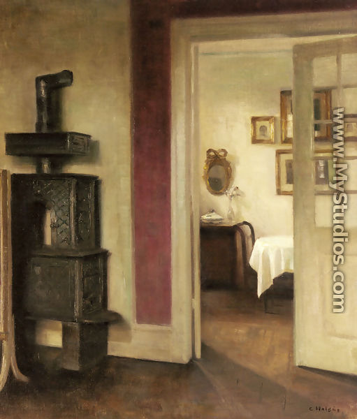 An Interior with a Stove and a View into a Dining Room - Carl Vilhelm Holsoe
