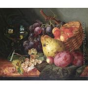 Still life with a basket of cherries, a pear, plums and white-currants on a marble ledge - Ellen Ladell