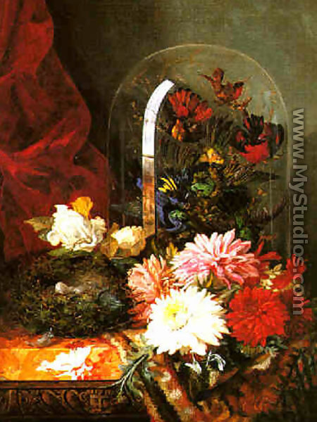 Still life with chrysanthemums, birds in a glass dome and a bird