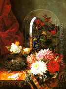 Still life with chrysanthemums, birds in a glass dome and a bird's - Ellen Ladell