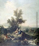 Italianate wooded landscape with a shepherd boy piping to peasant women - Francesco Zuccarelli