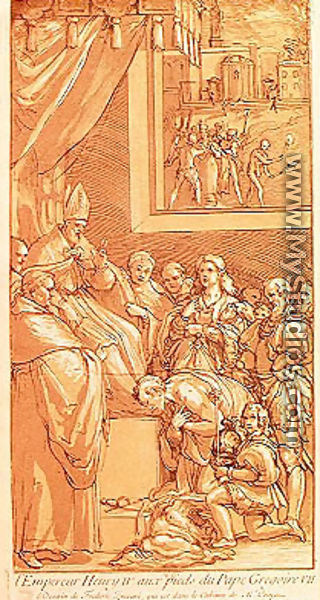 Emperor Henri IV (1050-1106) at the feet of Pope Gregory VII (1020-85) engraved by Nicolas Le Sueur (1691-1764) - Federico Zuccaro