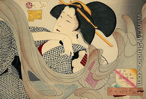Looking Smoky. A Housewife of the Kyowa Era Kemuso Kyowa nenkan naishitsu no fuzoku, 1880 - Tsukioka Yoshitoshi