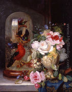 A Still Life with Roses in a Vase beside Exotic Birds in a Glass Case, 1863 - John Wainwright