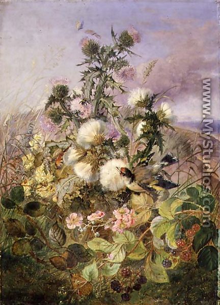 A Goldfinch and a Butterfly amongst Thistles and Blackberry Blossom, 1863 - John Wainwright