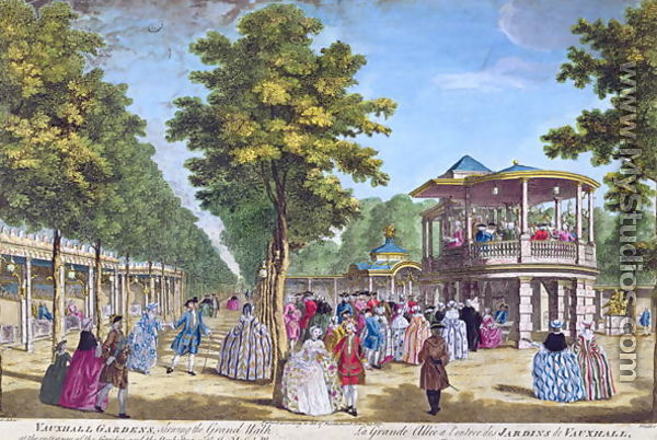 View of the Grand Walk at the entrance of Vauxhall Pleasure Gardens with the orchestra playing, engraved by Muller - Samuel Wale