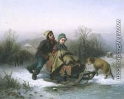 A Boy Pushing a Young Girl in a Sledge - Jan Walraven