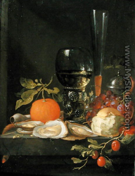 Still Life of Oysters, Grapes, Bread and Glasses on a Ledge - Jacob van Walscapelle