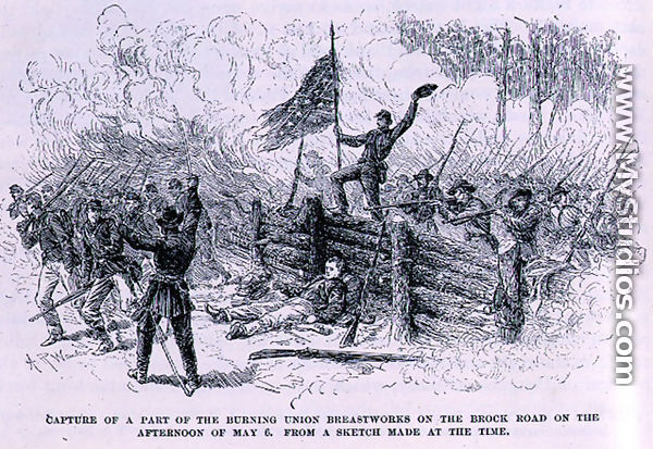Capture of a part of the burning union breastworks on the Brock Road on the afternoon of May 6th, illustration from 