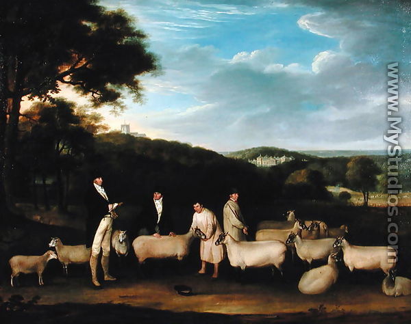 Portrait of Thomas William Coke, Esq. (1752-1842) inspecting some of his South Down sheep with Mr Walton and the Holkham shepherds - Thomas Weaver