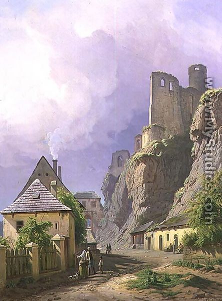 View of the Castle of Strekov with Cottages and Figures, 1845 - Carl Robert Croll
