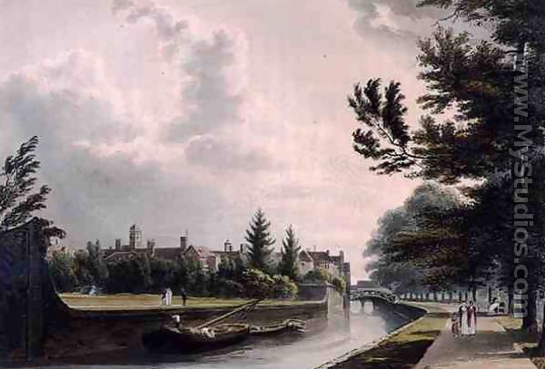 Exterior of Queens College from the Private Walk, Cambridge, form The History of Cambridge, engraved by J. Bluck (fl.1791-1831), pub. by R. Ackermann, 1815 - William Westall