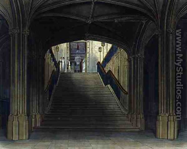 A Staircase, Windsor Castle, from Royal Residences, engraved by W. J. Bennett, pub. by William Henry Pyne (1769-1843), 1818 - Charles Wild