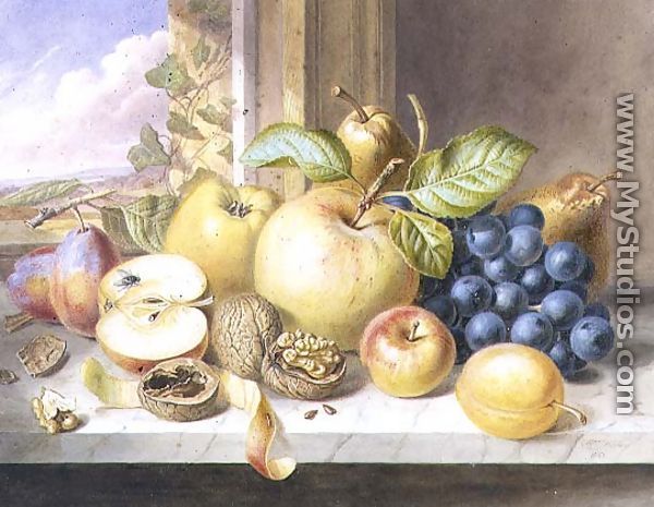 A Still Life of Apples, Grapes, Pears, Plums and Walnuts on a Window Ledge - Augusta Innes Withers