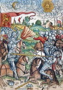 The battle of Gibeon and the sun and moon standing still at the request of Joshua, from Le tresor, ou recipient de la vraie richesse du salut de la beatitude eternelle by Koberger, published in Nuernberg, 1491 - Michael Wolgemut