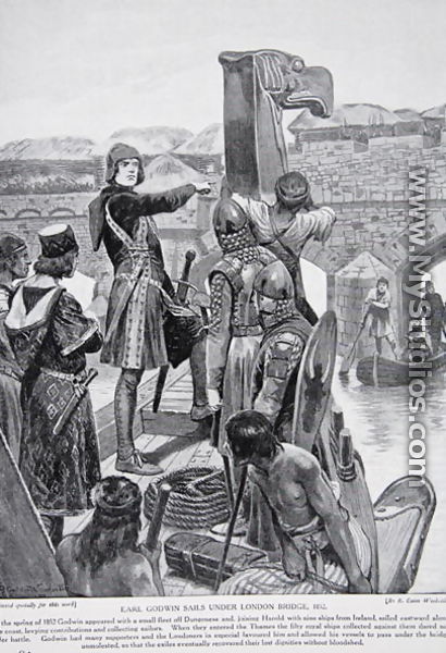 Earl Godwin sails under London Bridge in 1052, to join his son Harold with 9 ships from Ireland, illustration from the book The History of the Nation - Richard Caton Woodville