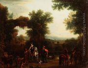 A hunting party giving alms to gypsies in a wooded river landscape - John Wootton