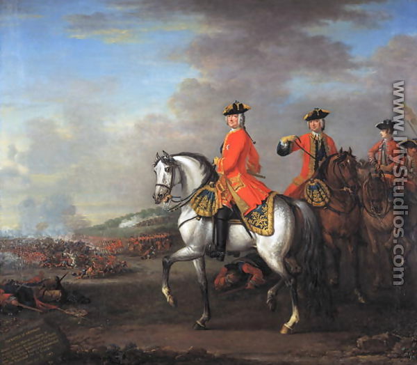 King George II (1683-1760) at the Battle of Dettingen, with the Duke of Cumberland and Robert, 4th Earl of Holderness, 27th June 1743, c.1743 - John Wootton