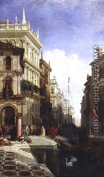 A Capriccio View of Venice with a Princess being Shown to a Gondola at the Back of the Scuola di San Marco - William Wyld