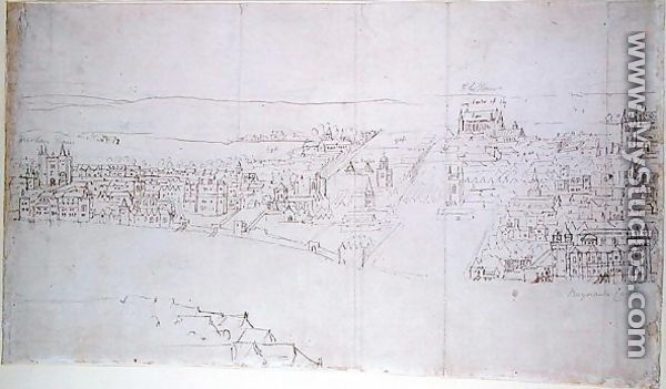 Durham House to Barnards Castle, from The Panorama of London, c.1544 - Anthonis van den Wyngaerde