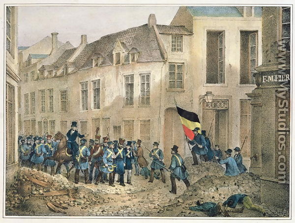 The Rue de Louvain, Brussels, 23rd September 1830, engraved by A.M. Jobard (fl.1820-30) - Jean-Louis Van Hemelryck