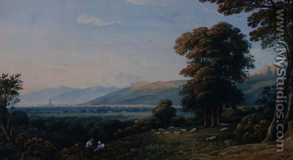 Figures resting on a hillside with a church spire beyond, 1825 - John Varley