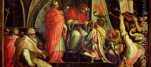 Clement IV (1265-68) delivering arms to the leaders of the Guelph party from the ceiling of the Salone dei Cinquecento, 1565 - Giorgio Vasari