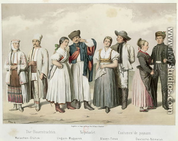 Costumes of Peasants from (L to R) Romania, Hungary, Slovakia and Germany, from 