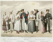 Costumes of Peasants from (L to R) Romania, Hungary, Slovakia and Germany, from 'Esquisses de la Vie Populaire en Hongroie by Gabriel de Pronay, 1855 - H. Veber