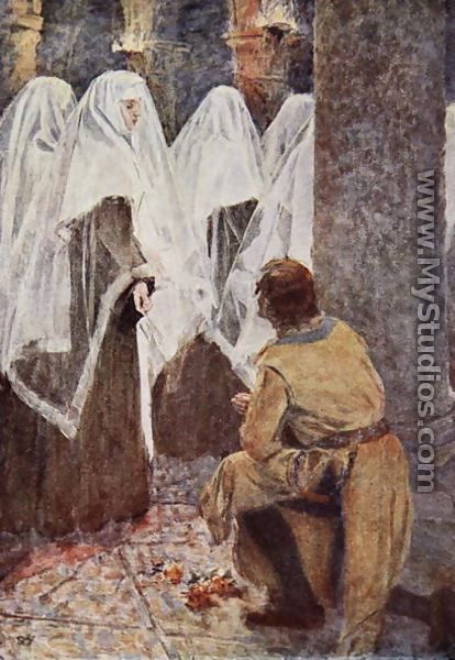 The Scottish Knight on one knee watched as the veiled nuns walked past illustration for The Talisman A Tale of the Crusaders by Sir Walter Scott - Vedder Simon Harmon