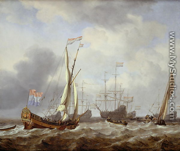 Dutch States yacht sailing in a light breeze on choppy seas, with a kaag nearby and other shipping at anchor beyond - Willem van de, the Younger Velde