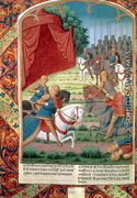Sir Galahad helping his father, Sir Lancelot, fight twenty knights, before disappearing into the forest without saying who he was, from Lancelot du Lac, c.1490 - Antoine Verard