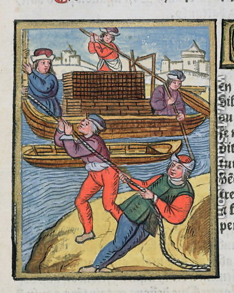 Wood transport on the River Seine, from Ordonnances Royaux de la Juridiction de la Prevote des Marchands de la Ville de Paris, 1528 - Antoine Verard