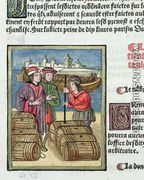 The measure and transport of wine, from Ordonnances Royaux de la Juridiction de la Prevote des Marchands de la Ville de Paris, 1528 - Antoine Verard