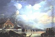 Winter landscape with cottage and figures - Andries Vermeulen