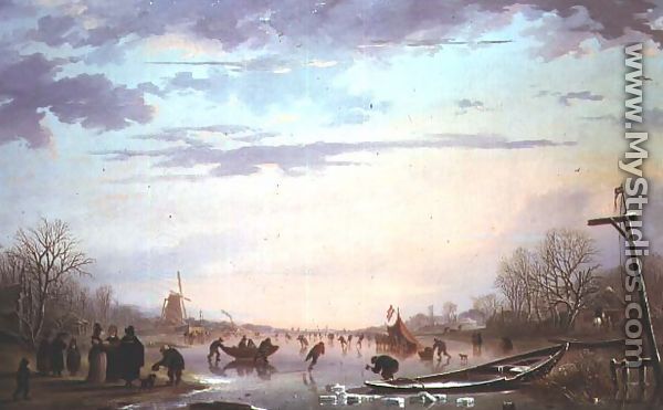 Skating scene on a frozen river - Andries Vermeulen