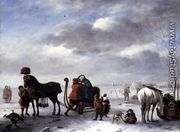 Winter Landscape with a Gentleman Assisting a Lady From a Sleigh - Andries Vermeulen