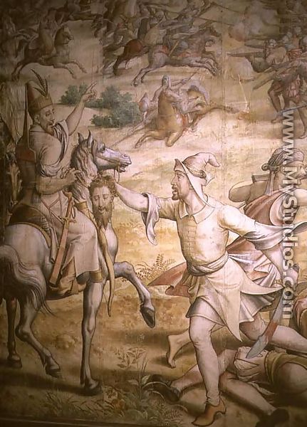 Campaign of Emperor Charles V 1500-58 against the Turks at Tunis in 1535 the Capture of Goletta, detail of a foot soldier holding a disembodied head, cartoon for a tapestry - Jan Cornelisz Vermeyen